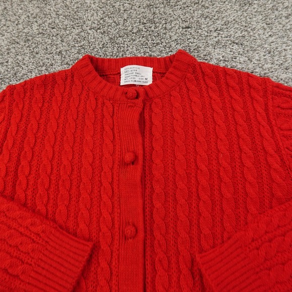 VTG Cable Knit Cardigan Womens M Red Button Front Aran 3D Fisherman Sweater 80s - Picture 3 of 10
